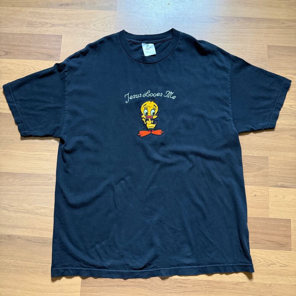 Vintage 90's Jesus Loves Me Tweety Bird Boot Black Embroidered Tee Shirt Sz XL